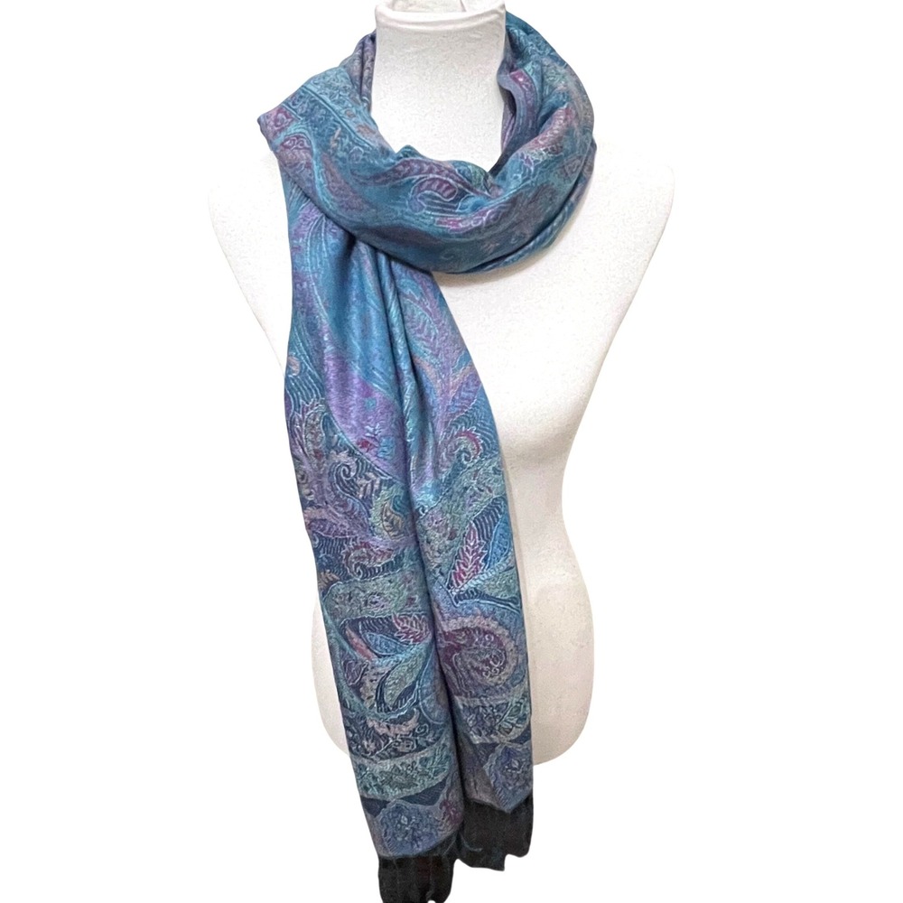 Women's Luxurious 100% Cashmere Paisley Shawl Scarf Teal Purple Fringe Bohemian - Picture 4 of 8